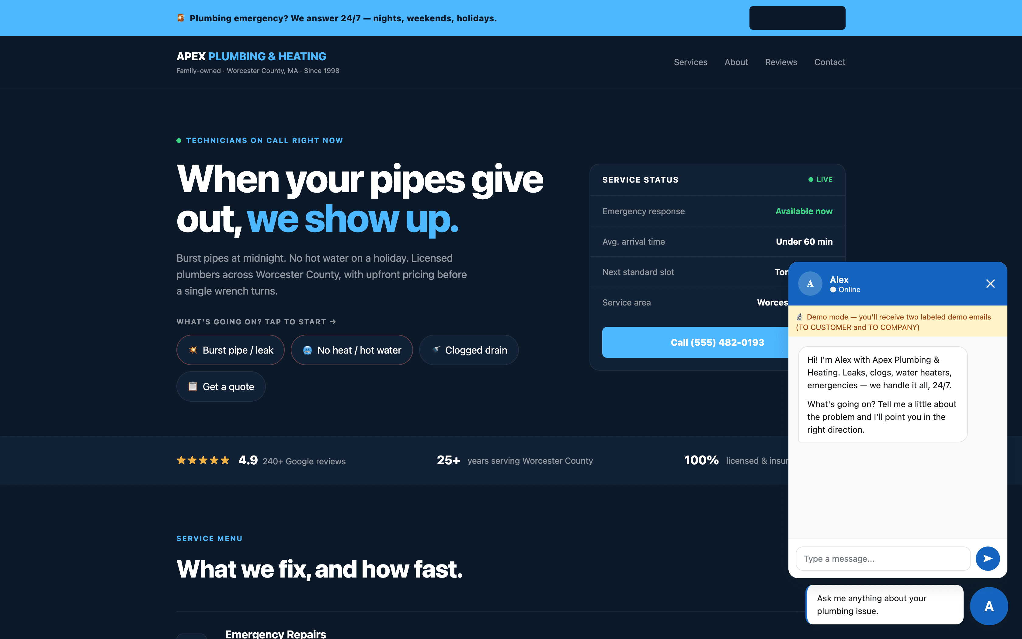 Apex Plumbing & Heating demo site with AI chat widget open